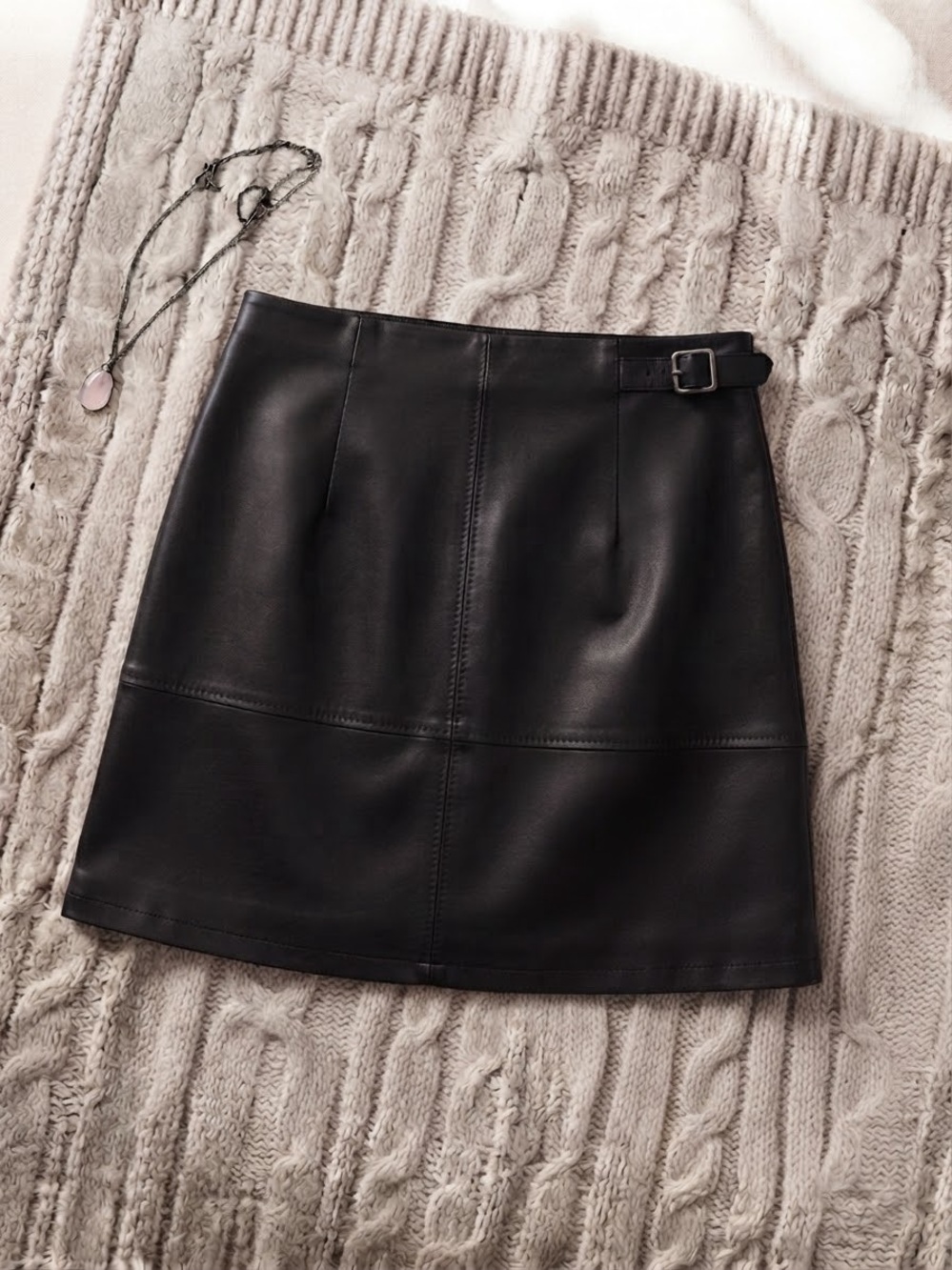 Max Studio Black Faux Leather Mini Skirt with Side Buckle Detail